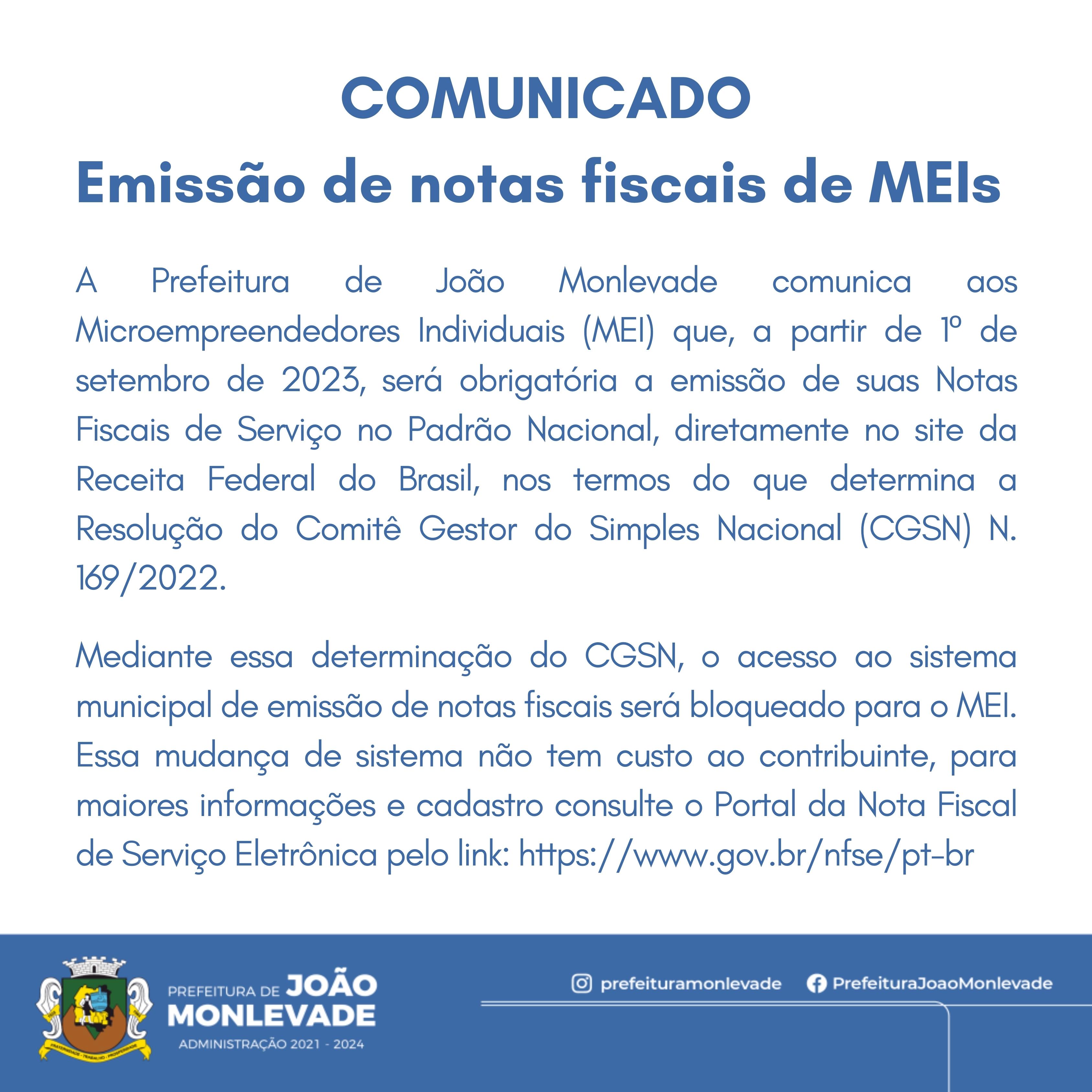 Comunicado Emissão de Nota Fiscal – MEI – Prefeitura Municipal de Mantena