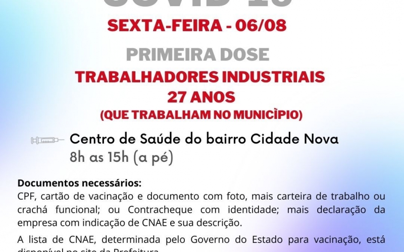 Prefeitura de João Monlevade vacina trabalhadores industriais de 27 anos