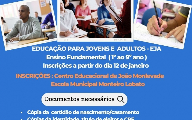 Centro Educacional e Monteiro Lobato abrem inscrições para a Educação de Jovens e Adultos (EJA)